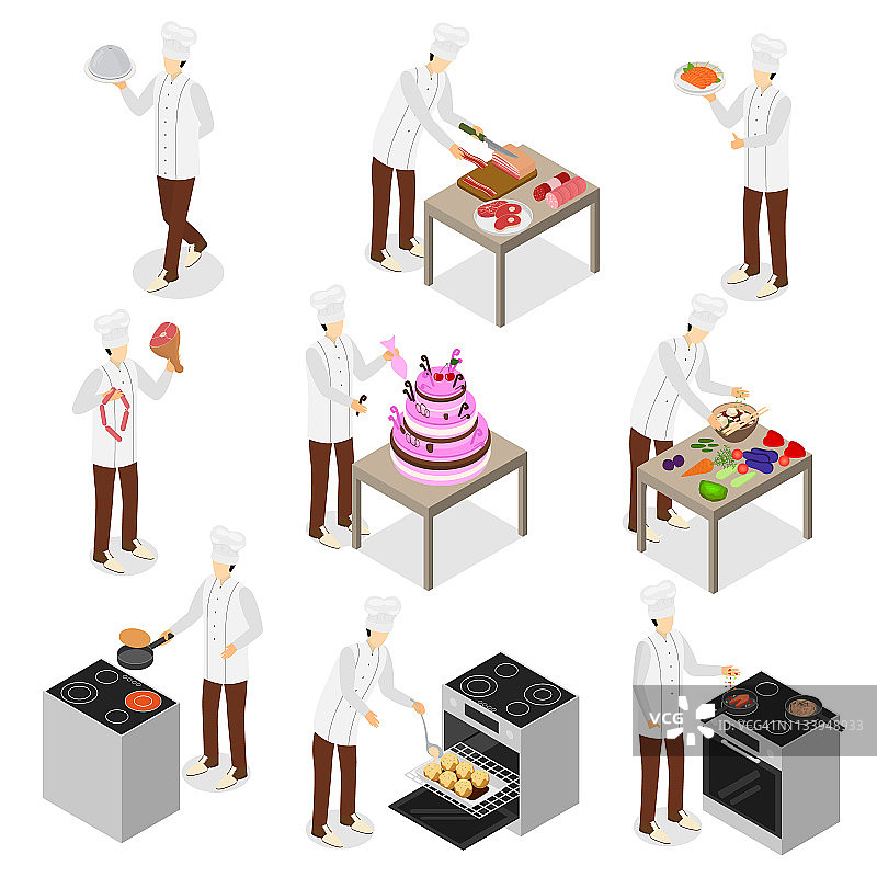 角色厨师厨师3d图标设置等距视图。向量图片素材