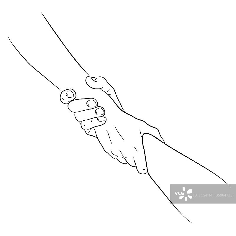 两只手拿着彼此的帮助手概念拉拖从轮廓黑笔刷线在白色的背景。矢量插图。图片素材