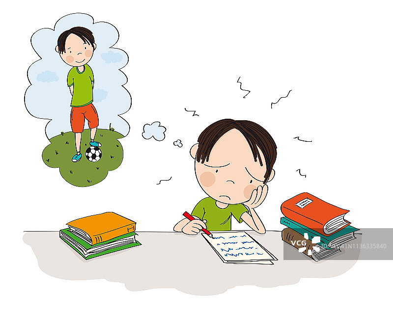 不开心和疲惫的男孩准备学校考试，写作业，感到悲伤和无聊-原始手绘插图图片素材