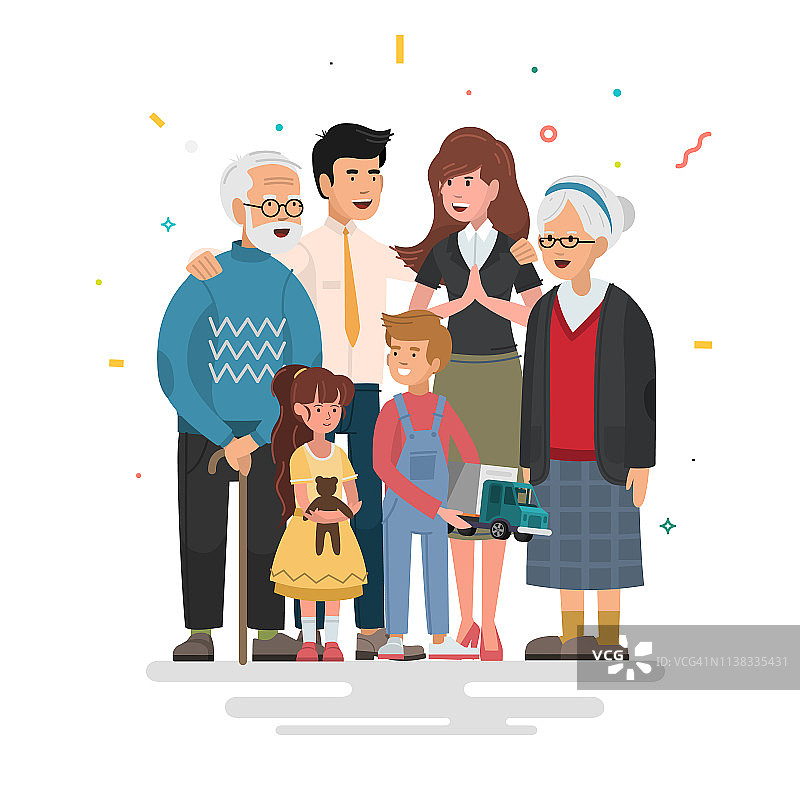 幸福的家庭。父亲，母亲，祖父，祖母和孩子。图片素材