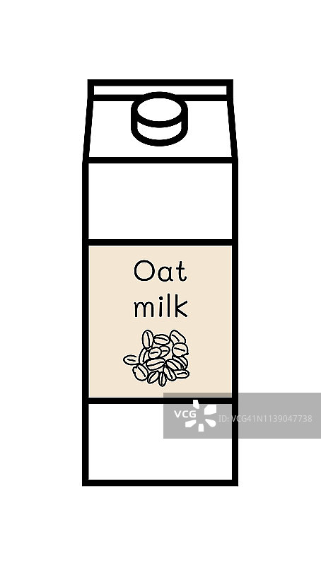 矢量线图标的纯素燕麦牛奶孤立在一个白色背景。植物基非乳制品替代品。纸箱与螺旋盖和标签与手绘燕麦涂鸦插图。图片素材