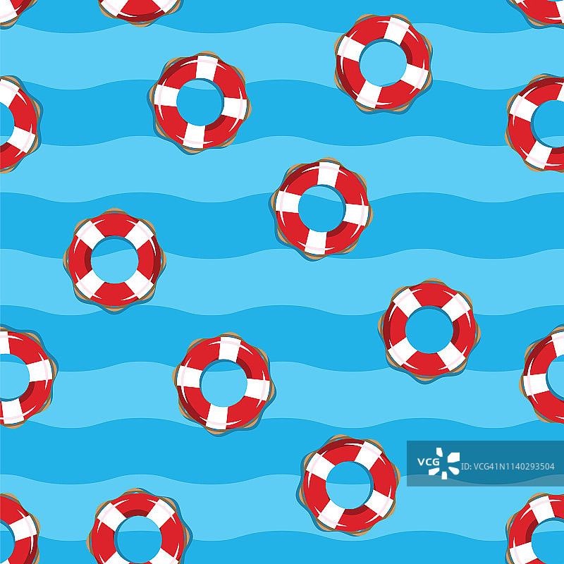 蓝色海洋背景上的救生圈图案。红白相间条纹型救生圈，用于紧急求救，确保水中安全。沉船幸存者用的漂浮装置图片素材