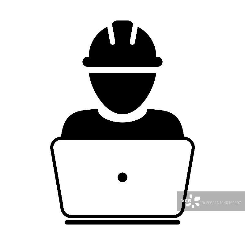 安全工人图标矢量男性建筑服务人员个人资料头像与笔记本电脑和安全帽在象形文字图片素材