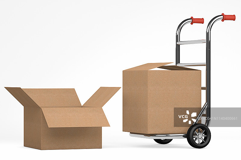 手推车上的纸箱，白色背景上的搬家概念图片素材