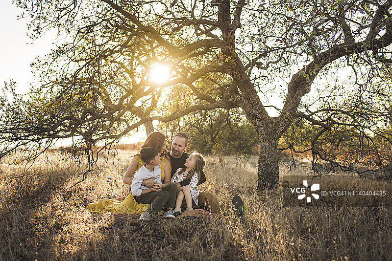 年轻的家庭看着对方在树下在加利福尼亚的田野图片素材