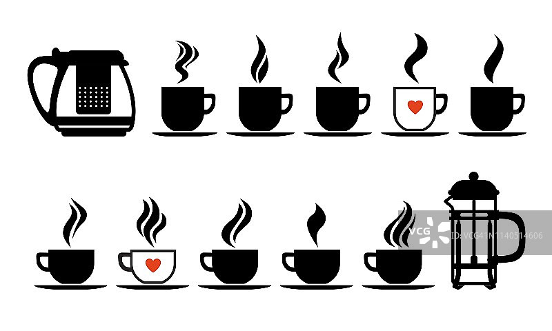 套茶和咖啡杯和壶和不同种类的蒸汽，热饮图标矢量插图。图片素材