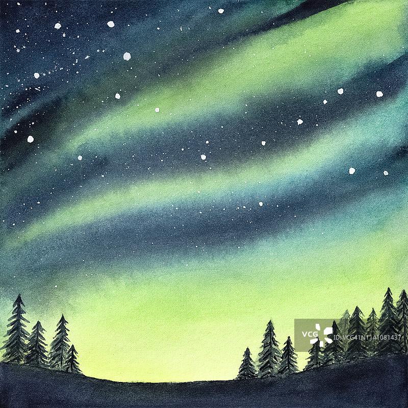 水彩画宁静的云杉森林下的彩色北极光和星空。手绘水彩渐变绘图，背景创意设计，打印，壁纸。图片素材