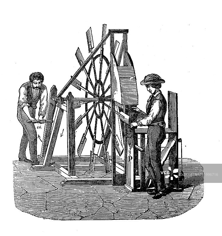 农业百科全书中的古董插图、工具和技术:亚麻生产图片素材