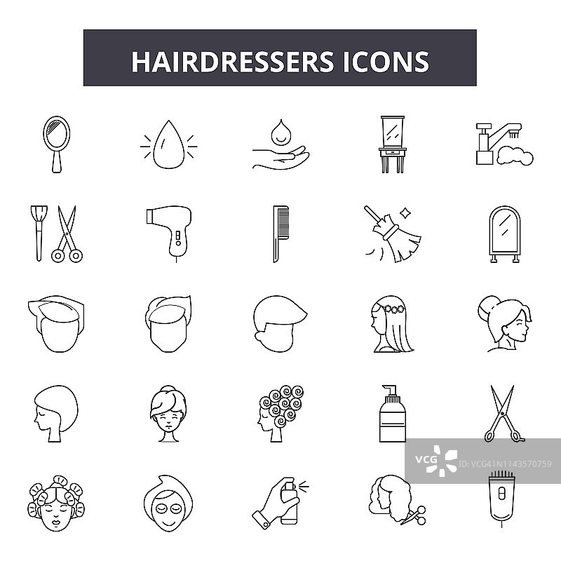 美发师线图标，标志设置，向量。美发师概述概念，插图:美发师，头发，理发，理发师，剪刀，梳子，沙龙图片素材