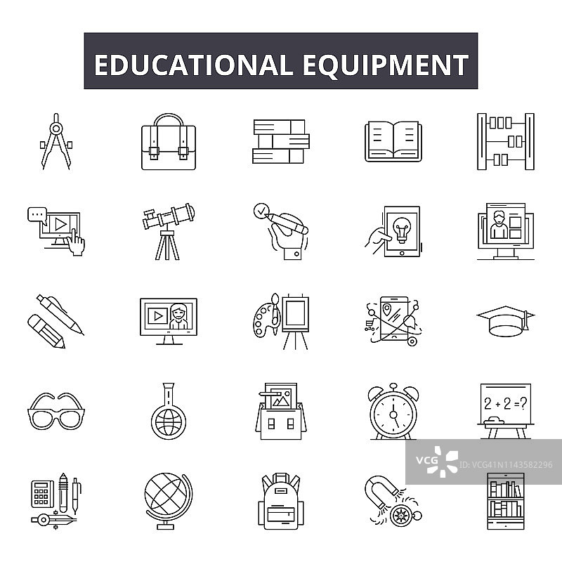 教育设备线条图标，标志设置，矢量。教育设备概述概念，说明:设备、教育、研究、科学、实验图片素材