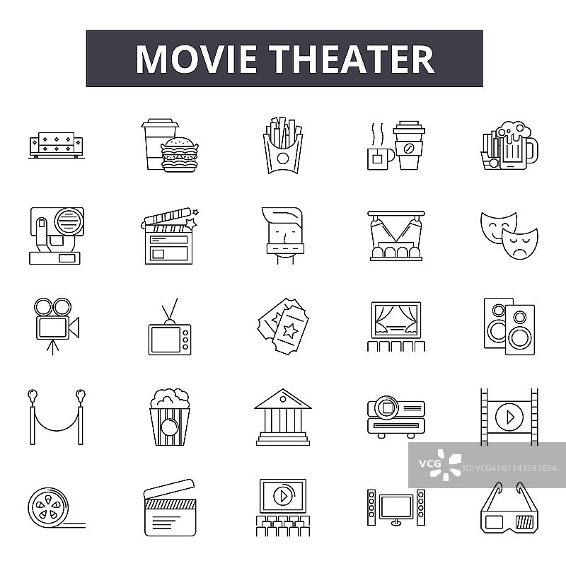 电影院线图标，标志集合，矢量。电影院轮廓概念，说明:电影，电影，剧院，娱乐，电影院，视频，符号图片素材