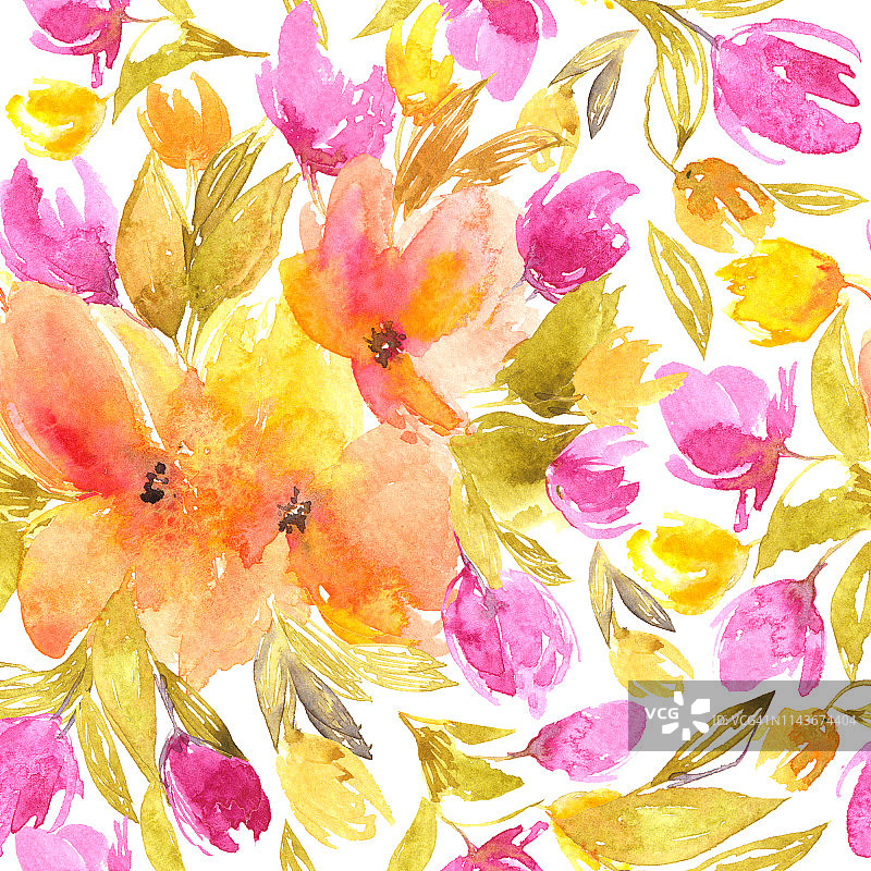 无缝的花卉图案。水彩花。花的背景与黄色和粉红色的花。图片素材
