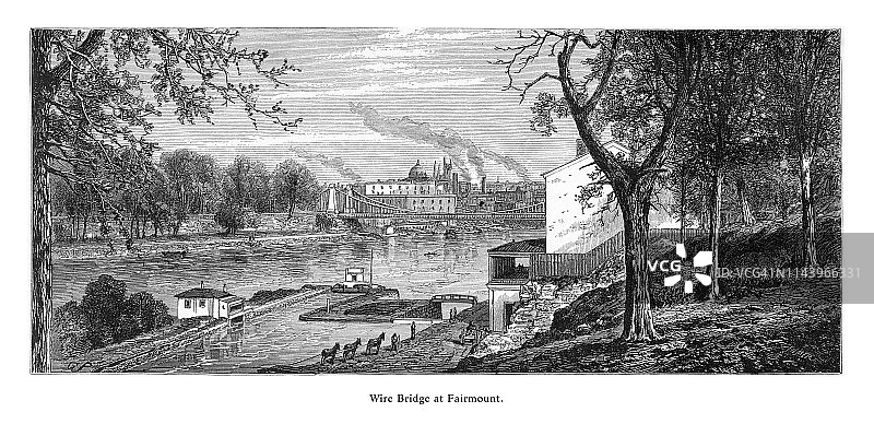 美国宾夕法尼亚州费城费尔蒙特的西桥，美国维多利亚版画，1872年图片素材