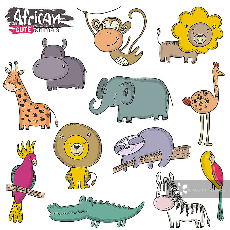 矢量组的卡通非洲动物。色彩斑斓的丛林集合图片素材