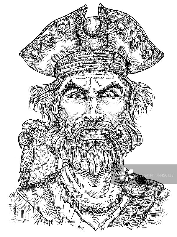 愤怒的海盗或船长戴着烟斗和鹦鹉被隔离在白色的帽子上图片素材