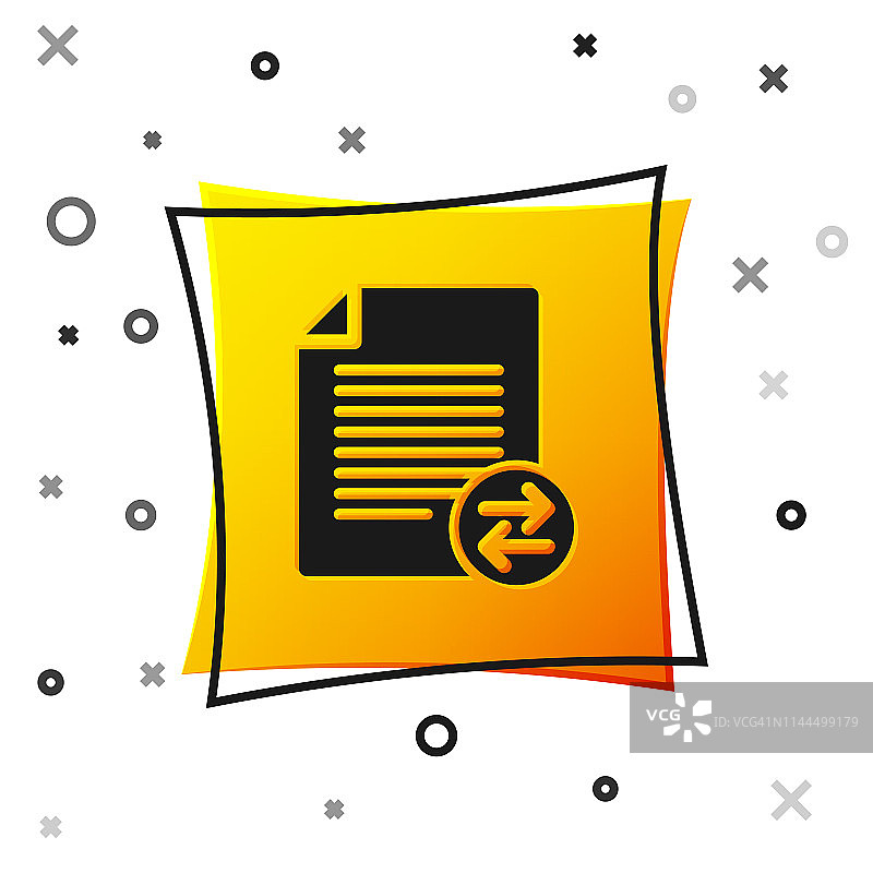 黑色传输文件图标隔离在白色背景。复制文件，数据交换，备份，PC迁移，文件共享的概念。黄色正方形按钮。矢量图图片素材