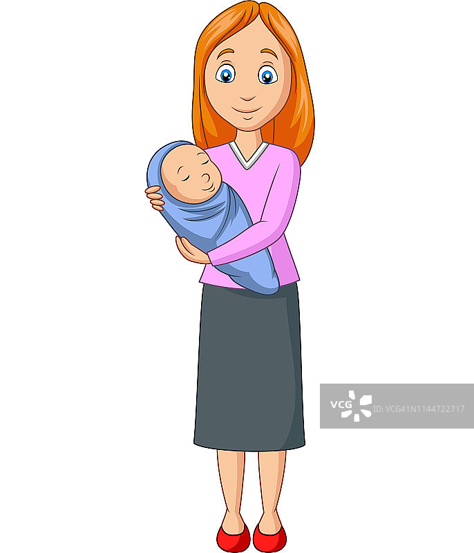 快乐的母亲抱着蓝色包裹的新生儿图片素材