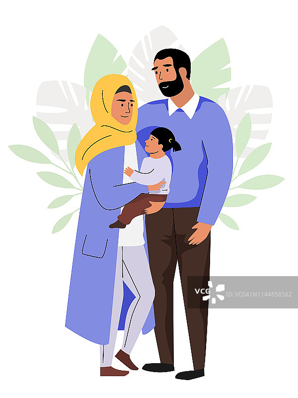 穆斯林家庭，父母和孩子，矢量插图图片素材