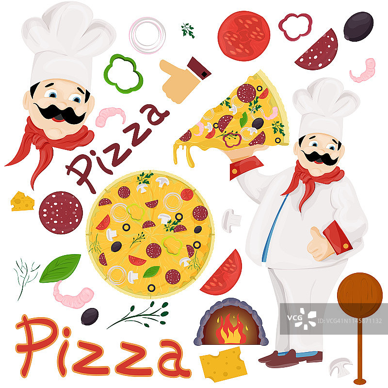 封面背景插图，以意大利披萨美食为主题，为装饰和配料设计贴纸图片素材
