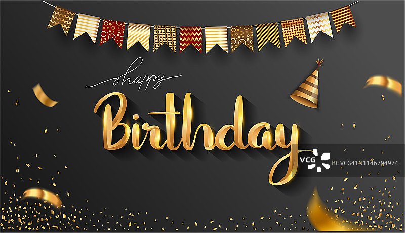 生日快乐字体设计贺卡和邀请，气球，纸屑和礼盒，优雅的设计与金色和黑色的颜色，生日庆祝设计模板。图片素材