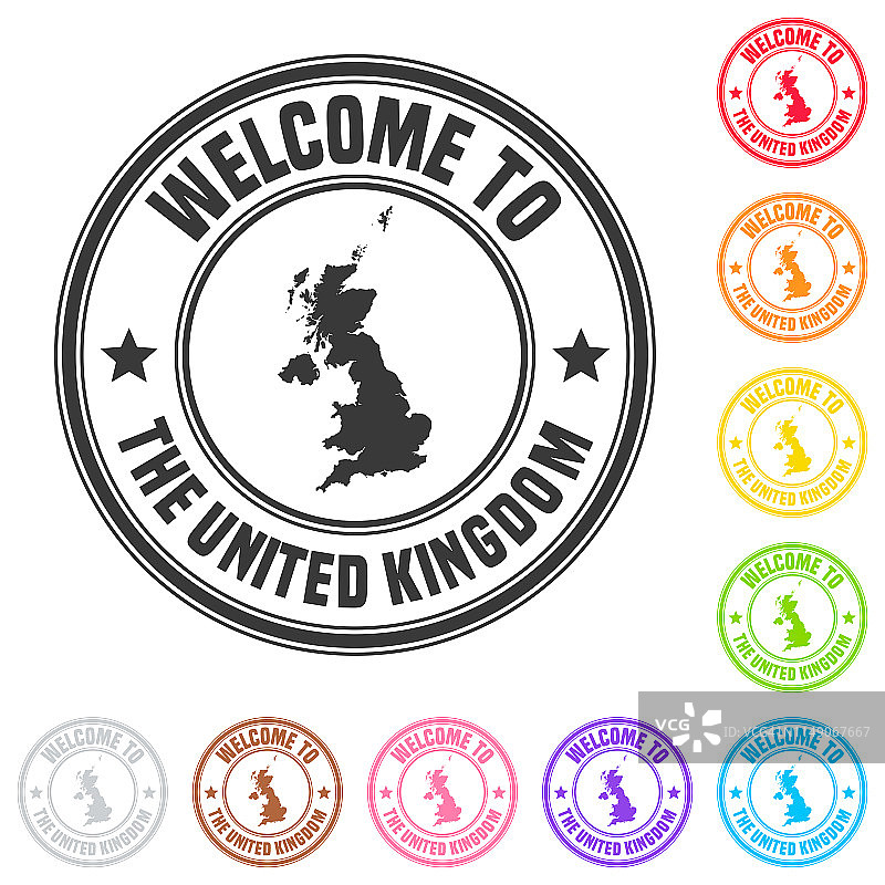 欢迎来到英国邮票-彩色徽章上的白色背景图片素材