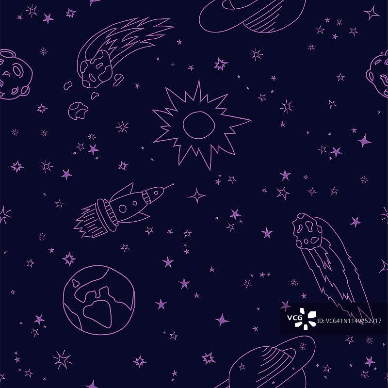 星空、行星、宇宙飞船、彗星的无缝图案图片素材