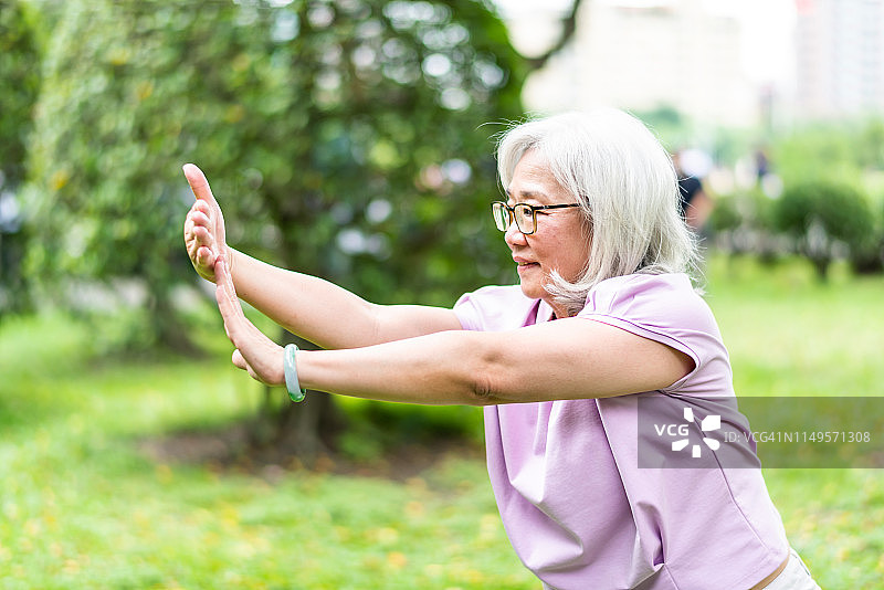 年老的亚洲妇女在公园玩图片素材