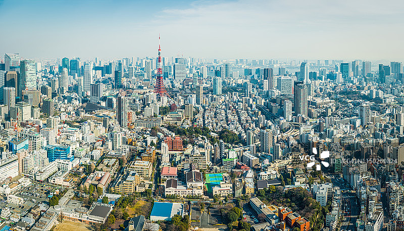 东京塔俯瞰拥挤的城市摩天大楼，高速公路，空中的日本全景图片素材