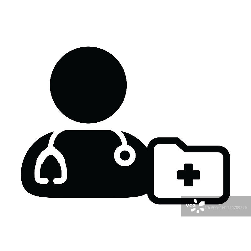 医疗记录图标矢量与男性医生的个人档案头像与听诊器和文件夹的健康咨询字形象形图图片素材
