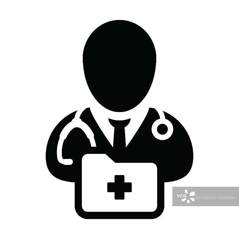 医疗报告图标矢量与男性医生的个人资料头像与听诊器和文件夹的健康咨询字形象形图图片素材