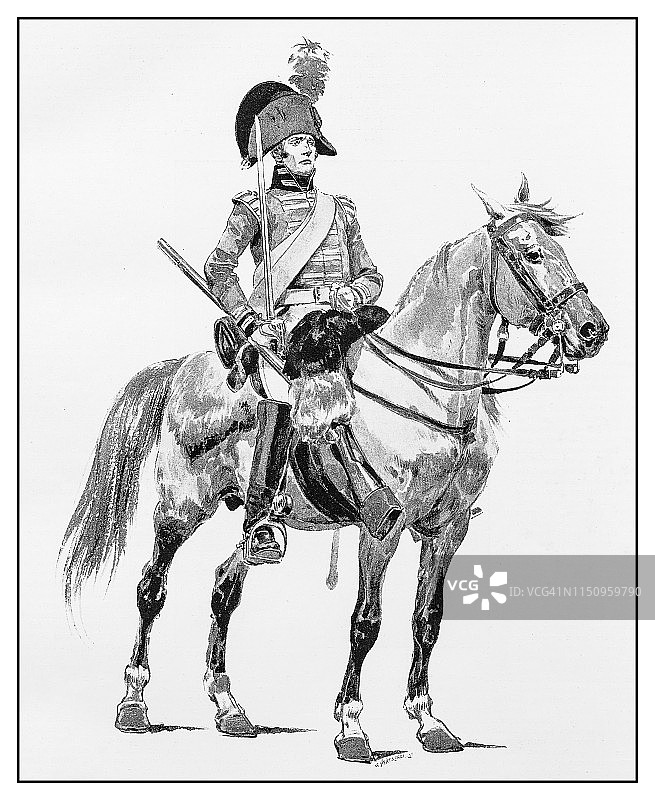 古董插图:骑在马上的士兵图片素材