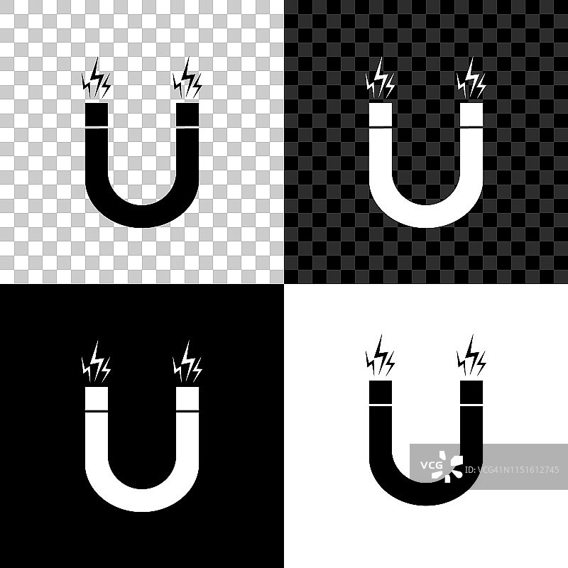 磁铁图标孤立在黑色，白色和透明背景。马蹄铁磁铁，磁性，磁化，吸引力。矢量图图片素材