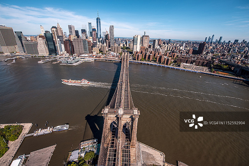 布鲁克林大桥横跨东河的纽约市景观，从布鲁克林上空的直升飞机上拍摄，俯瞰曼哈顿一侧图片素材