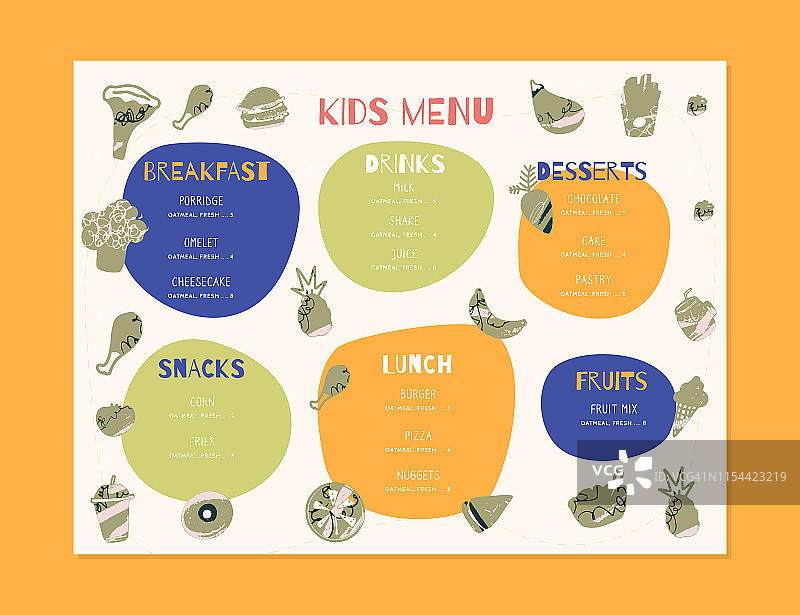 现代涂鸦儿童菜单，伟大的设计为任何目的。健康食品早餐。餐厅、咖啡厅的烹饪理念图片素材