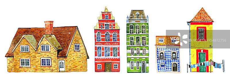 一套彩色的旧石头城镇和乡村房子在一排。手绘卡通水彩插图图片素材