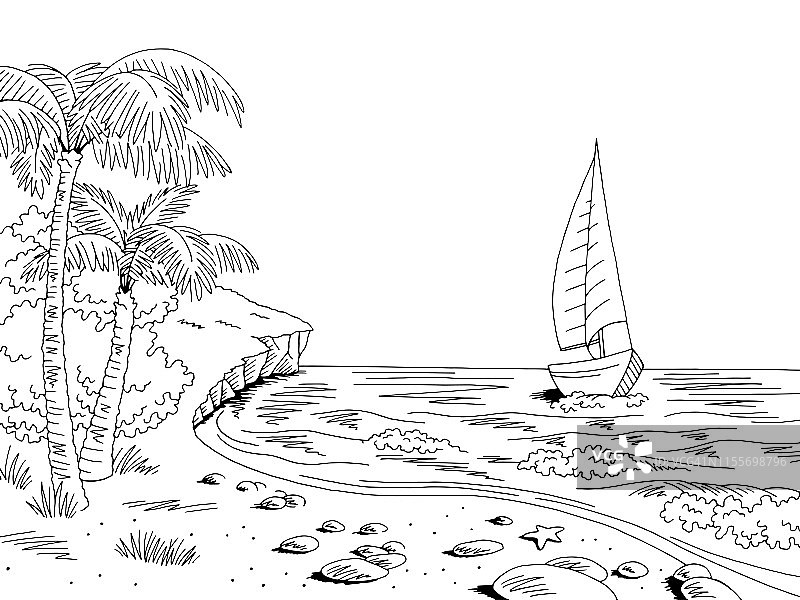 海岸图形游艇海湾黑白景观素描插图向量图片素材