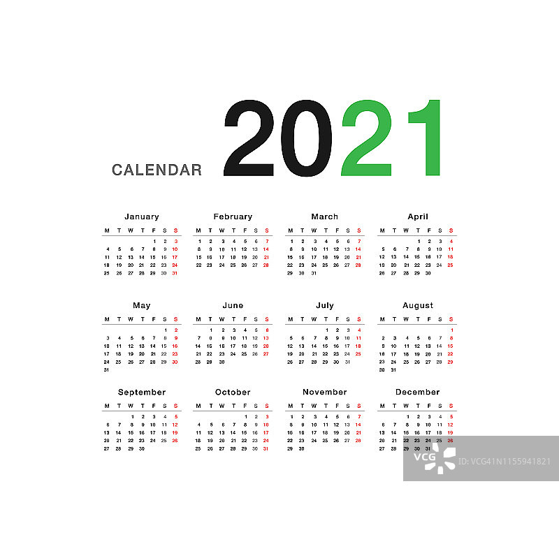日历年2021矢量设计模板，简洁干净的设计。白色背景的2021年日历图片素材