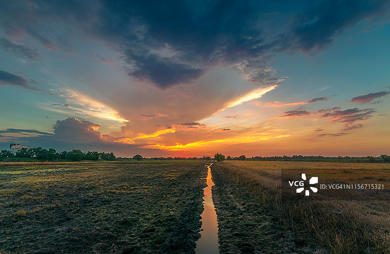 在泰国，田园诗般的农场在日落时的天空图片素材
