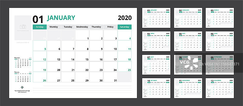 2020年日历计划模板企业设计周将于周日开始。图片素材