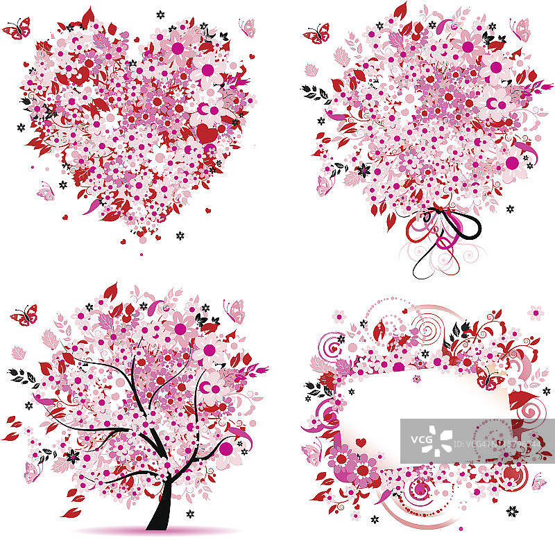 花型粉红树，框架，花束，心形图片素材