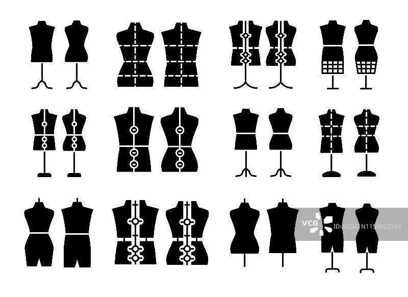 男女服装制作人体模型。裁缝假人的标志。显示破产,躯干。服装的形式。平的图标集。黑白矢量插图图片素材