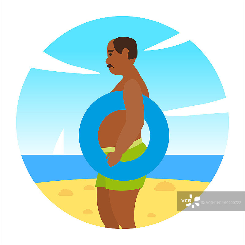 Icon活动在海洋海洋夏季男子与一个游泳圈的海滩。度假旅行，度假海滩，冲浪，棕榈树，植物，日光浴。矢量平面卡通孤立的插图图片素材