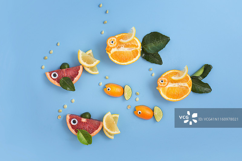 柑橘类水果和鱼的概念静物。图片素材