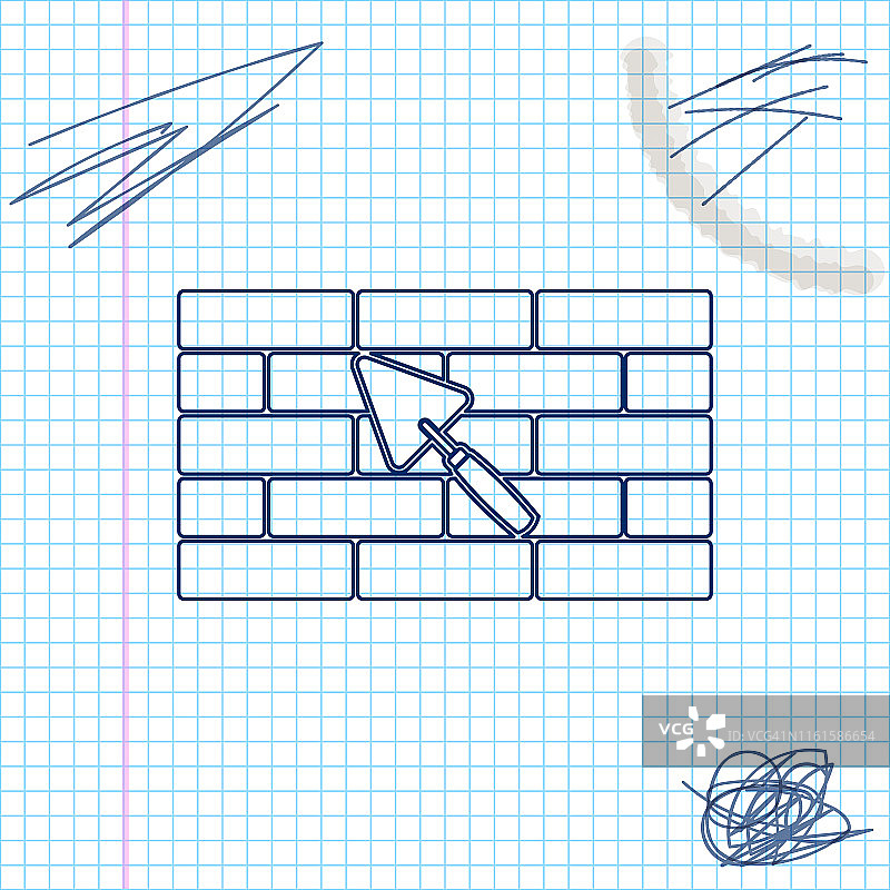 砖墙与泥铲线草图图标孤立的白色背景。矢量图图片素材