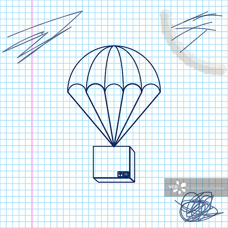 盒子飞行降落伞线草图图标孤立的白色背景。降落伞包裹待运。送货服务，空运概念，奖金概念。矢量图图片素材