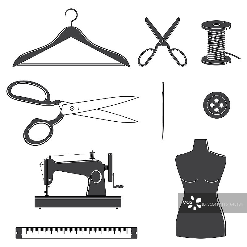 一套缝纫服装和裁缝设备剪影图标。向量。套装包括缝纫针，人体模型，纽扣，衣架和剪刀。设备图标为缝纫店业务图片素材