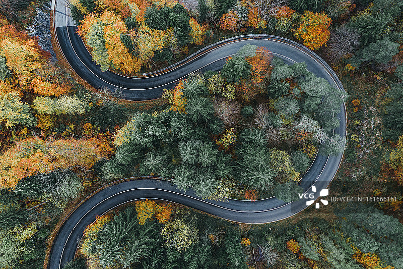 从高处俯瞰德国巴伐利亚阿尔卑斯山脉的秋季弯道图片素材