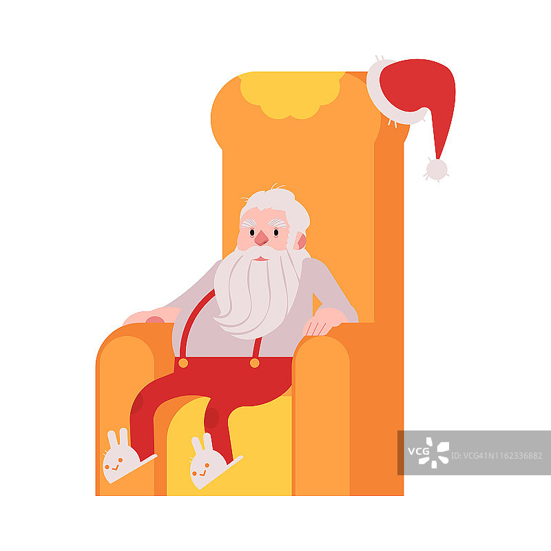 矢量插图的圣诞老人在拖鞋坐在家里扶手椅和休息。图片素材
