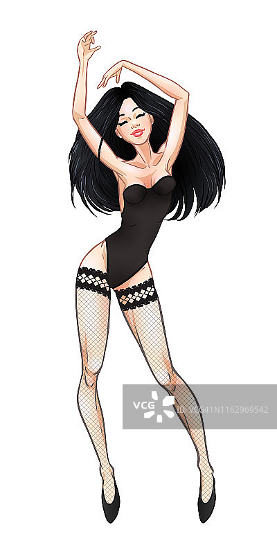 美丽的年轻的黑发女人跳舞在黑色内衣和渔网袜，性感的女孩，俱乐部，滑戏，脱衣舞性感的象征。矢量图图片素材