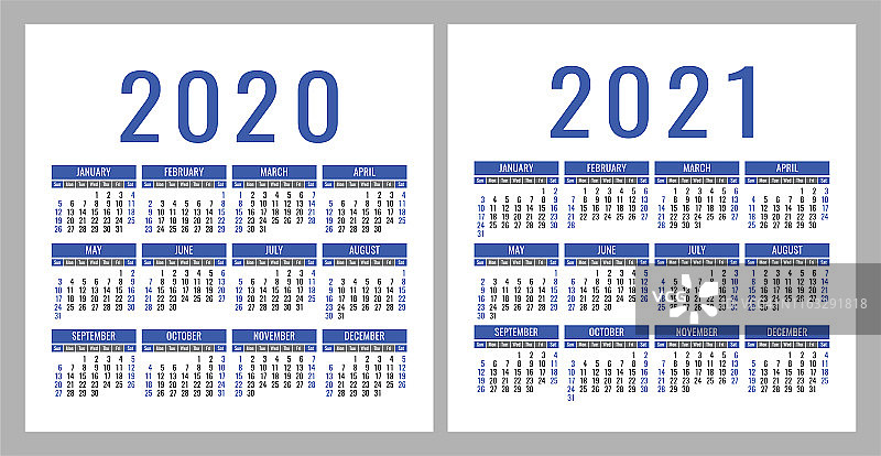 2020年日历,2021年。方形矢量压延机设计模板。英语丰富多彩。一周从周日开始。新的一年图片素材